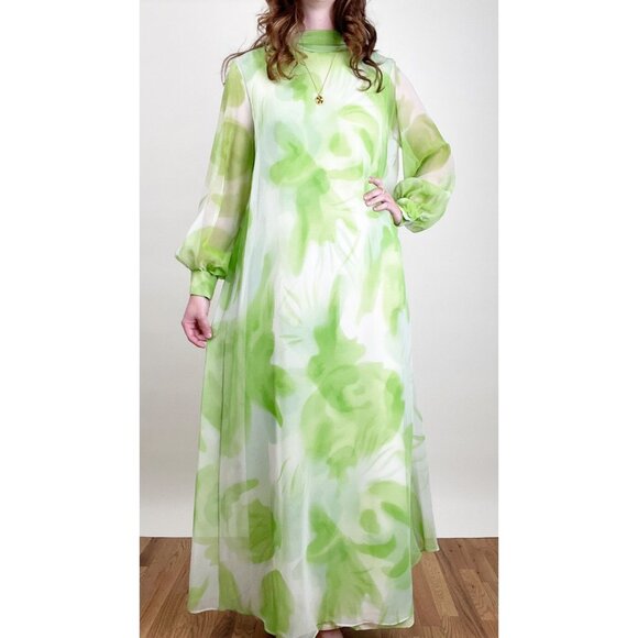Vintage Union Made 70's Chiffon Kaftan Maxi Dress Hippie Boho Bohemian Shift 70s - Picture 2 of 9